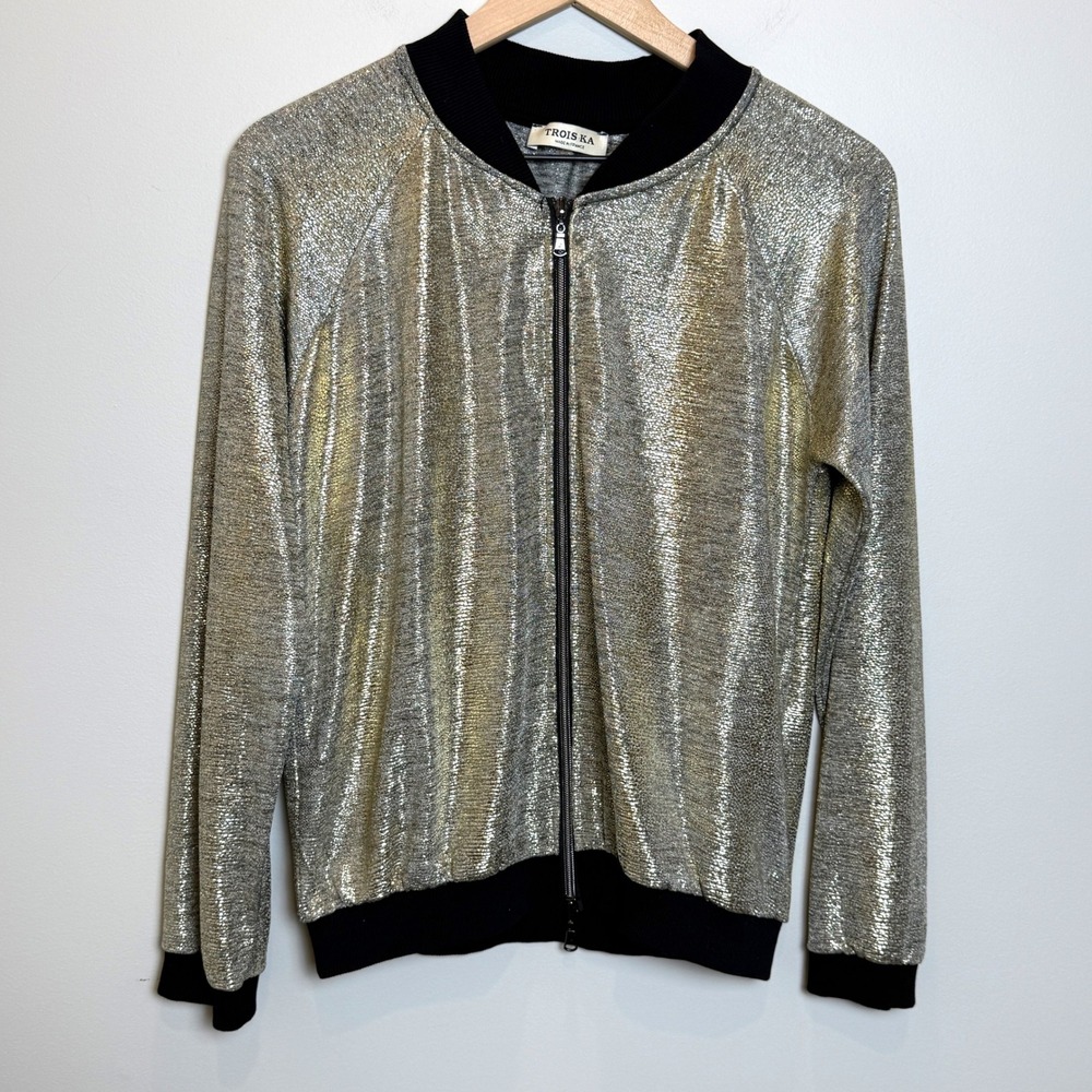 Trois Ka Womens M / L Metallic Bomber Jacket Gold Full Zip Made in France‎ Light